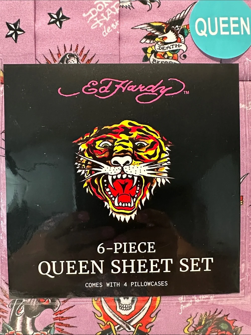 NWT Ed Hardy Tatto Collection 6 Piece Queen Sheet Set with 4 Pillowcases.